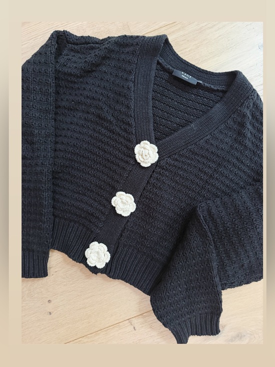 Vici Sweaters - Vici - Black Women's Cropped Knit Cardigan with Cream Flower Buttons